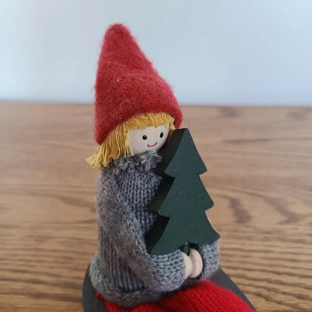 Handmade Sweden Larssons Tra Wood Christmas Figurine Girl on Sled Holding Tree